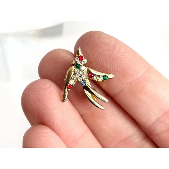 Rhinestoned Bird In Flight Gold Toned Vintage Costume Jewelry Brooch | Lapel Pin - Picture 3 of 7